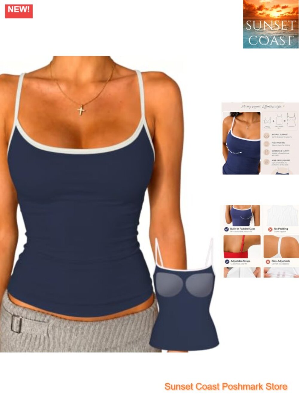 Padded Tank Top Women Square Neck Double Lined Cami Built-in Bra Adjustable